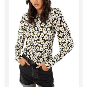 Hale Bob Floral Puff Sleeve Top Black White Yellow Daisy Print 26PP2218 Womens S